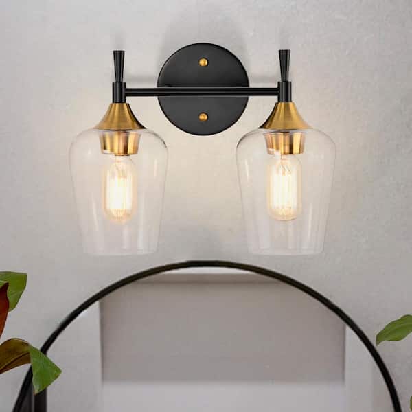 Edvivi Arlo 13 in. 2-Lights Black and Antique Brass Vanity Light with Clear Wine Glass Shades