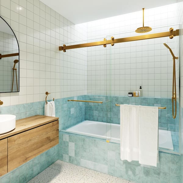 Polaris 60 in. W x 60 in. H Sliding Frameless Bathtub Door with Square Hardware in Satin Brass with Clear Glass