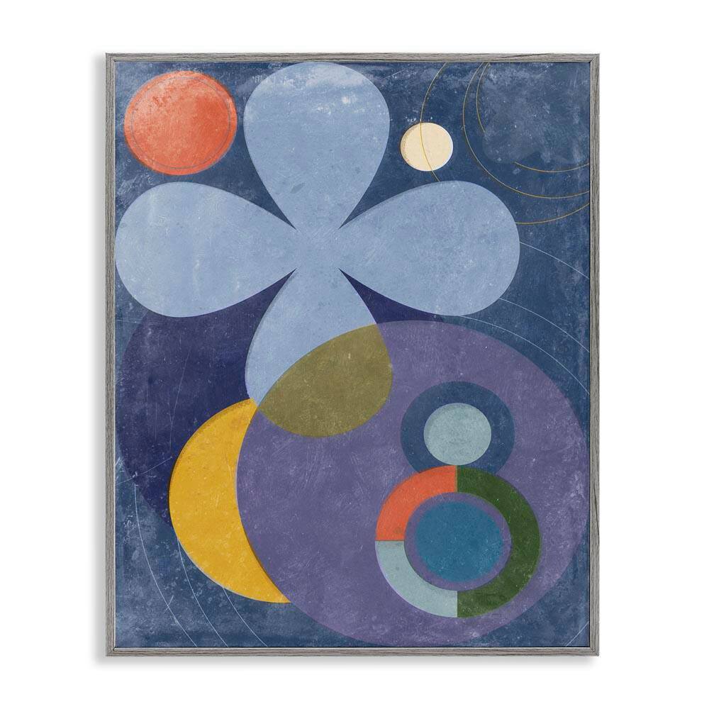 Blue Retro Curved Shapes by Victoria Barnes Gray Framed Abstract Giclee Art Print 30 in. x 24 in.
