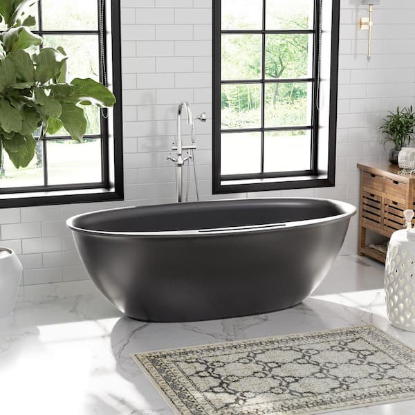 67 in. x 33 in. Solid Surface Stone Resin Freestanding Soaking Bathtub with Center Drain, Drainer, Hose in Matte Black