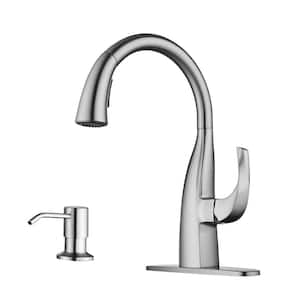 Single Handle Gooseneck Pull Down Sprayer Kitchen Faucet Stainless Steel with Soap Dispenser in Brushed Nickel