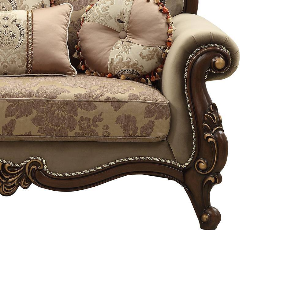 Beige Velvet Floral Rolled Arm Loveseat with Wood Frame