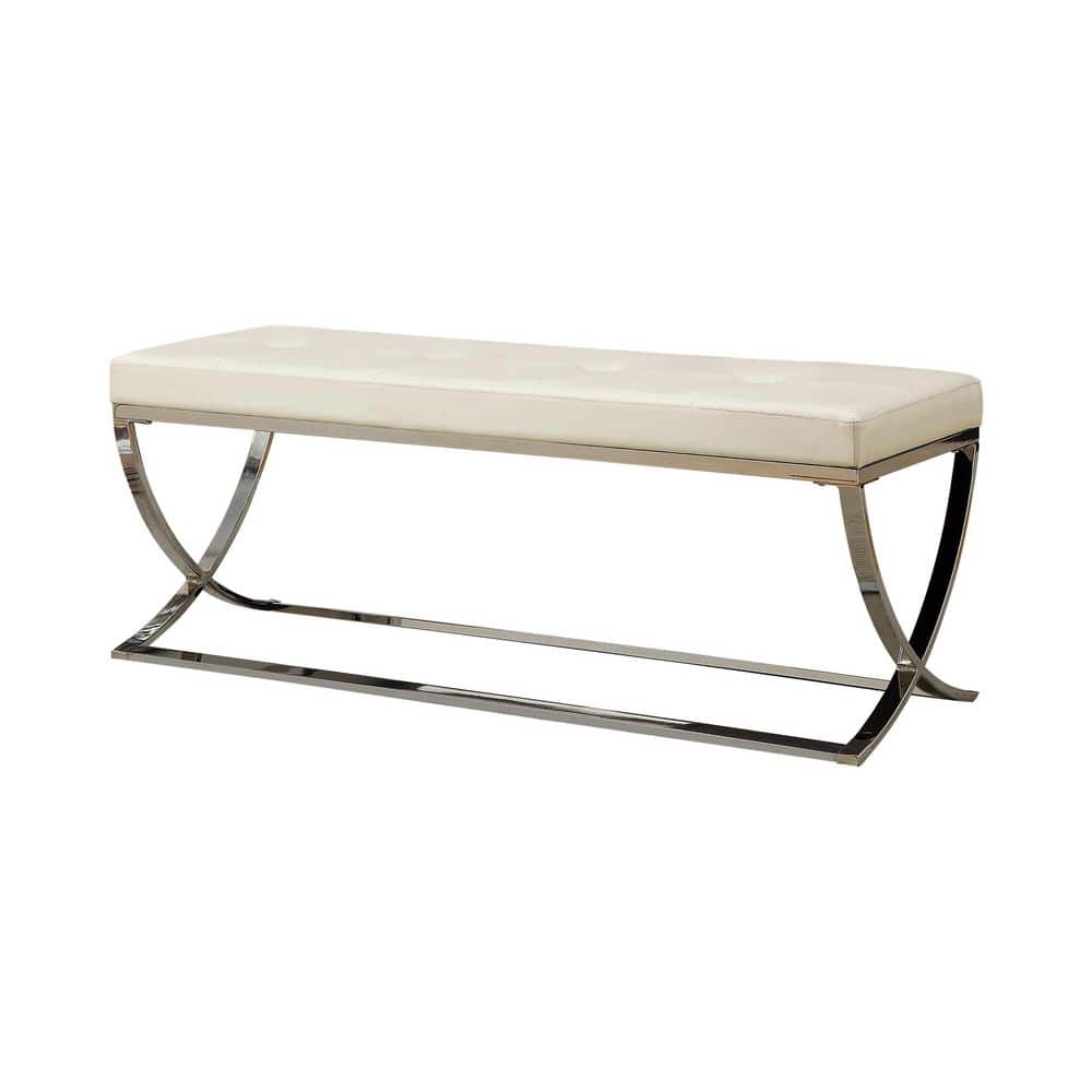 Beige Faux Leather Tufted Bedroom Bench with Chrome Frame
