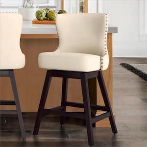Hampton 26 in. Off-White Solid Wood Frame Counter Stool with Back Linen Fabric Upholstered Swivel Bar Stool Set of 1