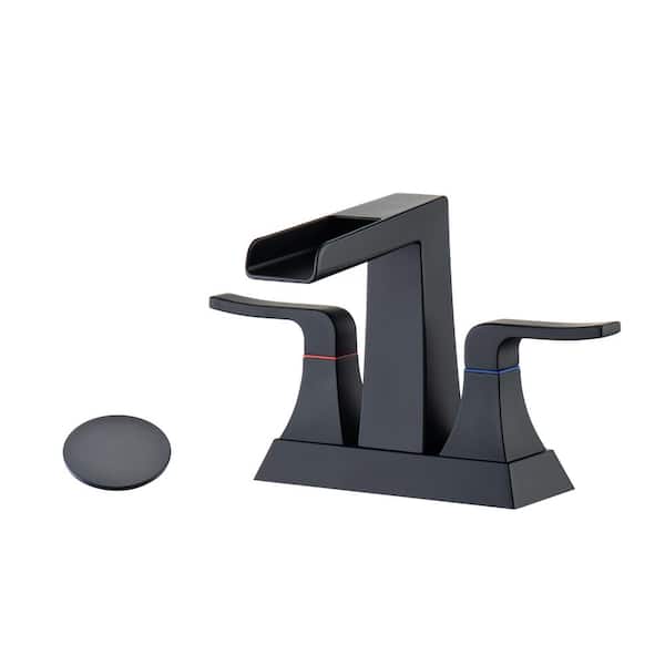 Mondawe Mondawell Open Waterfall 4 in. Centerset Double Handle Low Arc Bathroom Faucet with Drain in Matte Black