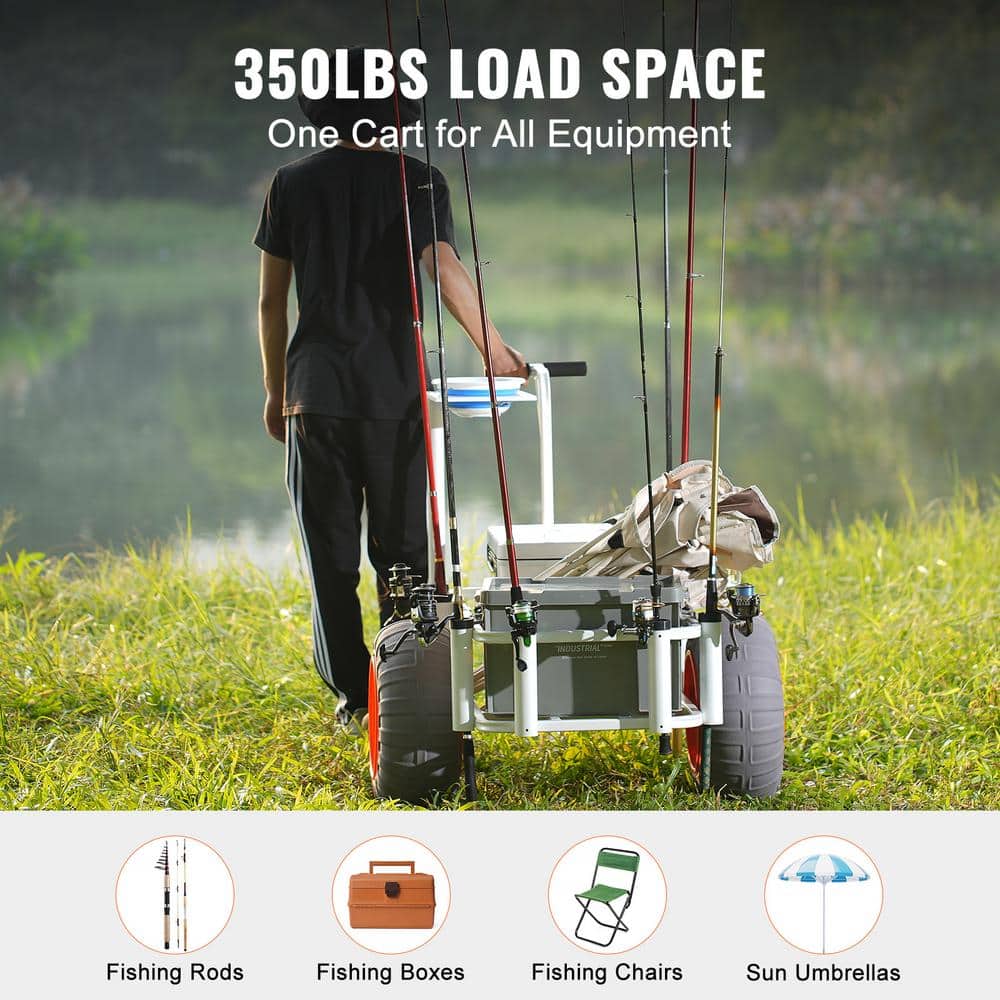 Heavy-Duty White Aluminum Beach Fishing Cart with Balloon Tires