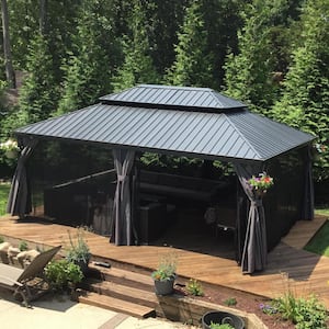 14 ft. x 24 ft.Gray Patio Outdoor Gazebo for Backyard Hardtop Aluminum Frame with Netting, Hooks, Upgrade Curtain