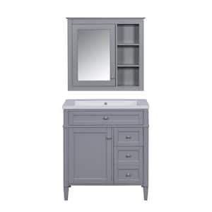 30 in. W. x 18 in. D x 33 in. H Single Sink Bath Vanity in Gray with White Resin Top, Left Door and Mirror Cabinet