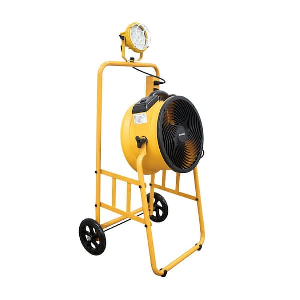 Warehouse, Dock, Trailer 14 in. 4-Speed Floor Fan in Yellow with Timer, Trolley and LED Spotlight