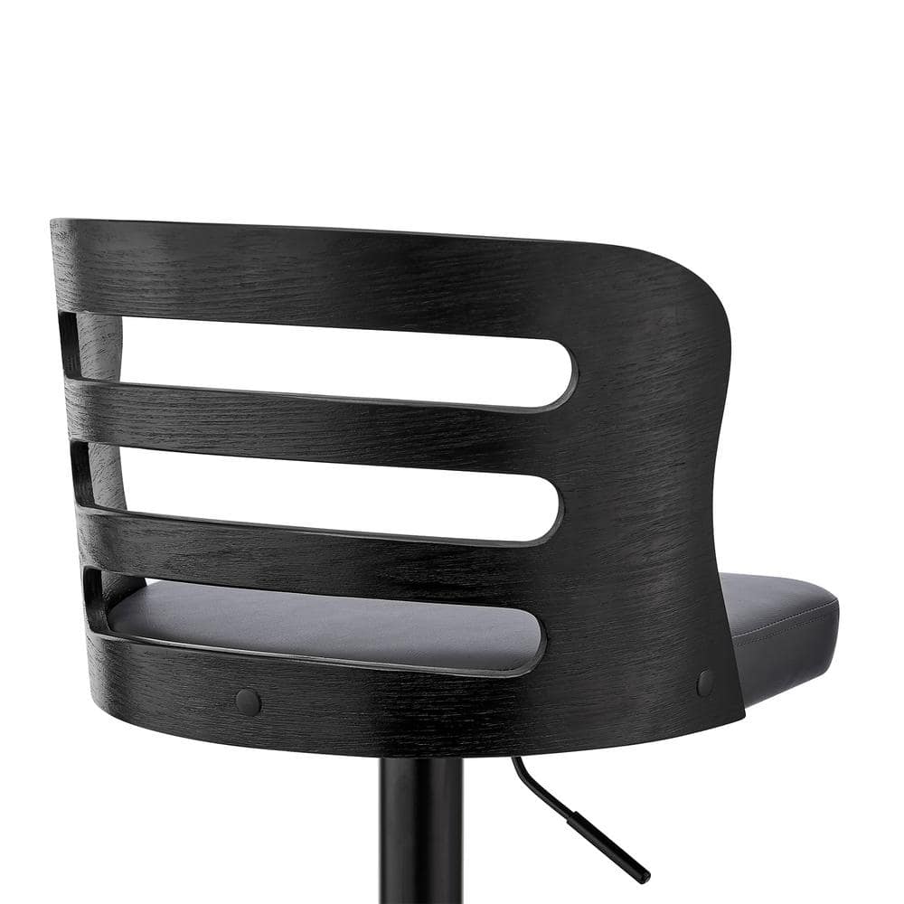 Adjustable Gray Faux Leather and Black Wood Swivel Bar Stool