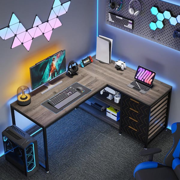 Lanita 59 in. L-Shaped Gray Engineered Wood 4-Drawer Executive Desk with Shelves, Reversible Computer Desk Writing Table