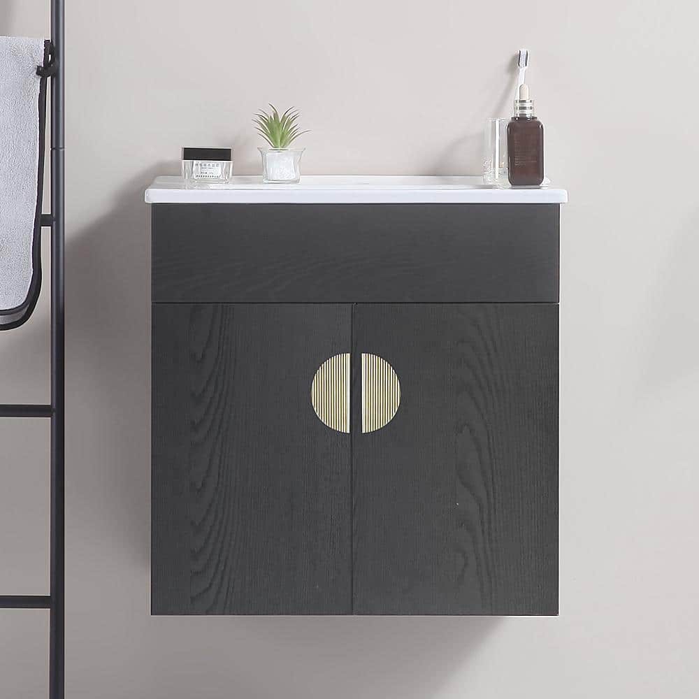 20 in. W x 16 in. D x20 in. H Wall Mounted Bathroom Vanity in Black with Tw
