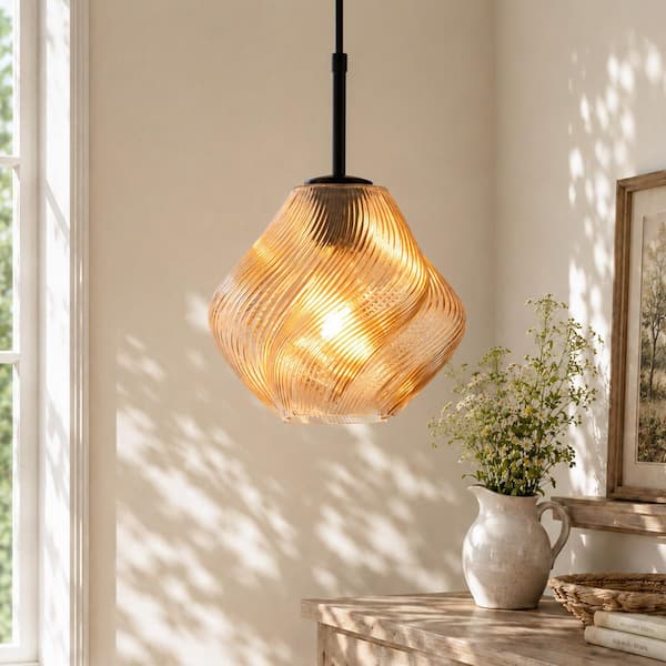 RayHome 9.05 in. 1-Light Modern Black Industrial Pendant Light with Amber Spiral Glass Shade for KitchenIsland Bedroom