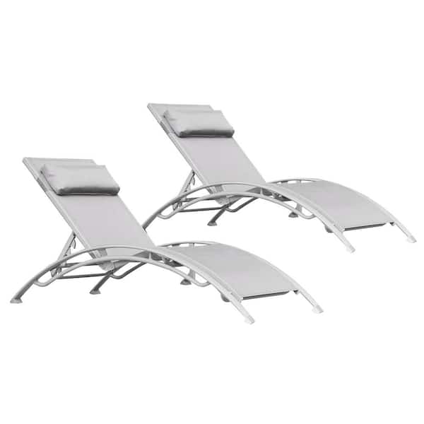 Sudzendf Aluminum Outdoor Patio Recliner Chaise Lounge with Adjustable Backrest and Removable Pillow in Gray (Set of 2)