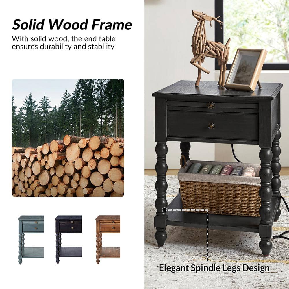 Jim Walnut Traditional 26 in. Tall Solid Wood End Table with USB Set of 2 - thumbnail 5