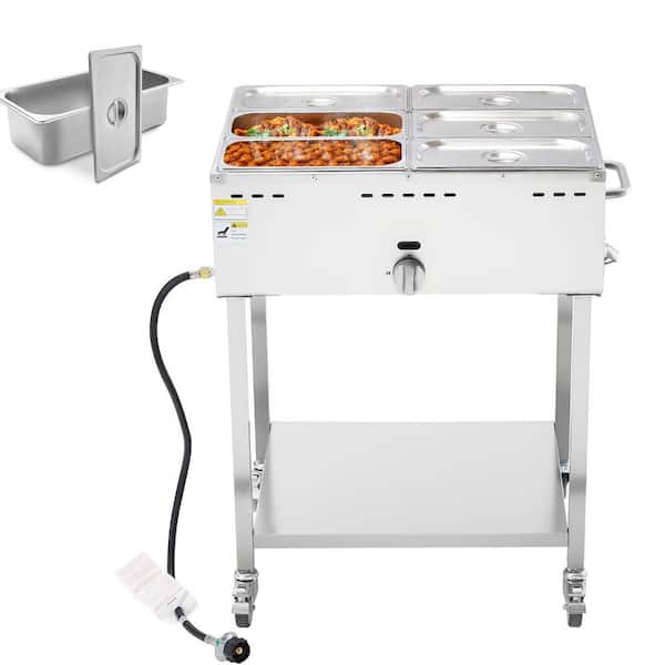 6-Pan Propane Steam Table, LP Gas Outdoor Soup Warmer w/ Drain, 3 in. Wheels, Temp Control, for Restaurant/Camping