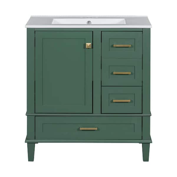 30 in. Single Sink Freestanding Green Bath Vanity with White Ceramic Top, Solid Wood Frame