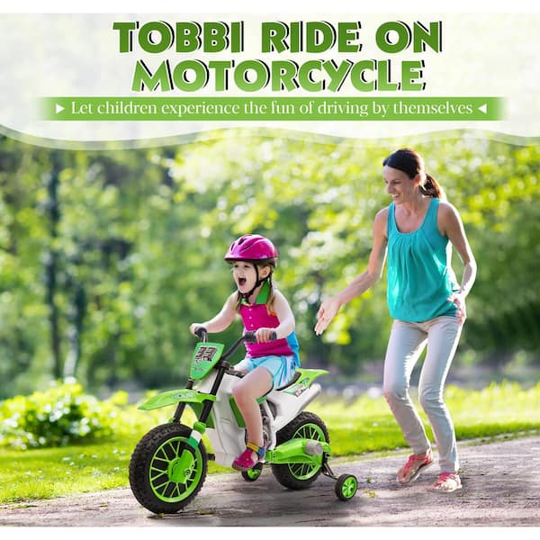 12-Volt Kids Ride On Motorcycle Electric Dirt Bike with Training Wheels and 2-Speeds , Green