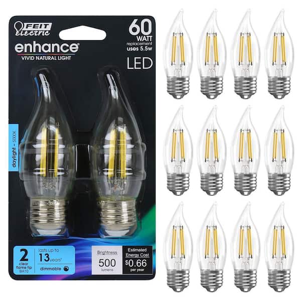 60-Watt Equivalent BA10 E26 Medium Dimmable Filament CEC Flame Tip Chandelier LED Light Bulb, Daylight 5000K (12-Pack)