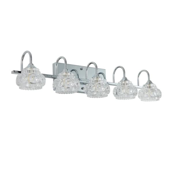5-Light Chrome Vanity Light with Novelty Flower Crystal Clear Glass Shades and Iron Frame, E26 Bulbs Not Included