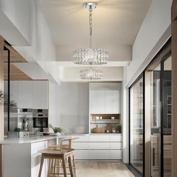3-Light 12 in. Crystal Pendant Light Chrome Chandelier for Kitchen Island, Foyer, Semi Flush Mount Ceiling Light