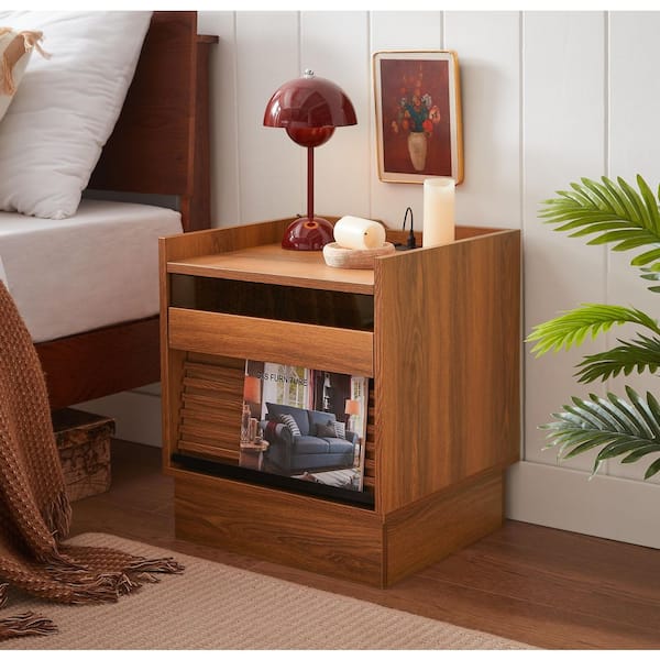 Ember Modern Nightstand with 2 Drawers, Charging Station, LED Lights, Drawers, MDF, Yellow