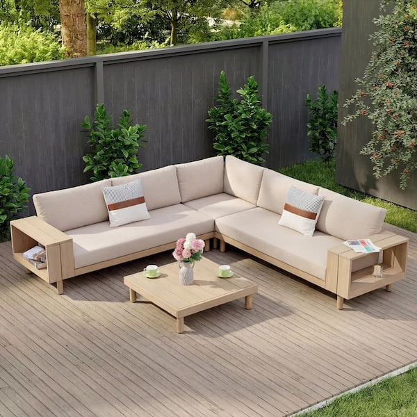 Wood Outdoor Sectional Set, L-Shaped Sofa with Storage Armrests & Wood Coffee Table, Beige Neutral Cushions