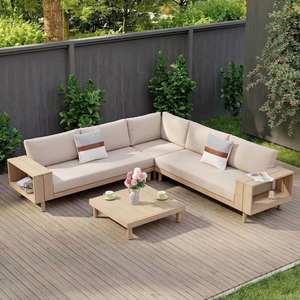Wood Outdoor Sectional Set, L-Shaped Sofa with Storage Armrests & Wood Coffee Table, Black Neutral Cushions price history on PriceWatchPro