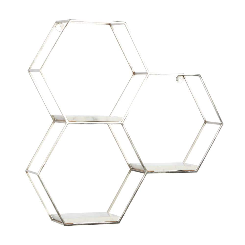 Litton Lane 26 in. x 24 in. Silver Hexagon Metal Geometric Wall Shelf ...