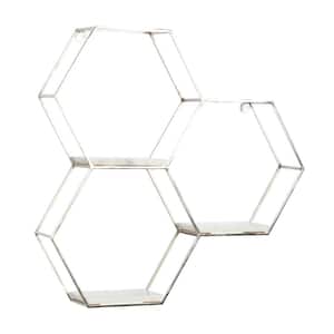 26 in.  x 24 in. Silver Hexagon Metal Geometric Wall Shelf with 3 Marble Shelves