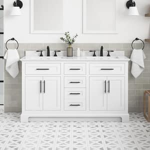 Doveton 60 in. Double Sink Freestanding White Bath Vanity with White Engineered Marble Top (Fully Assembled)