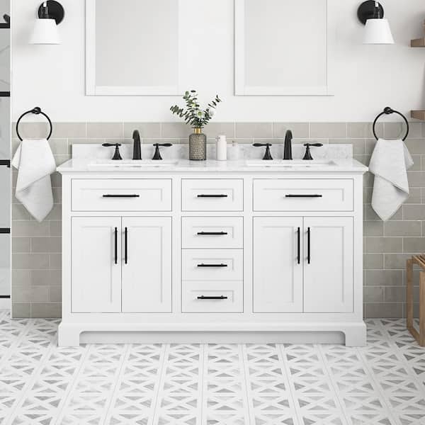 Home Decorators Collection Doveton 60 in. Double Sink Freestanding White Bath Vanity with White Engineered Marble Top (Fully Assembled)
