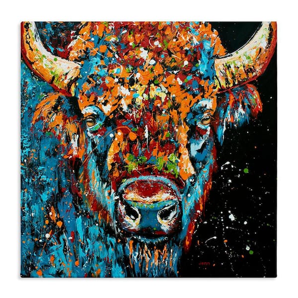 Modern Bison with Paint Splatter by Jen Seeley Unframed Graphic Art Print Animal 36 in. x 36 in.