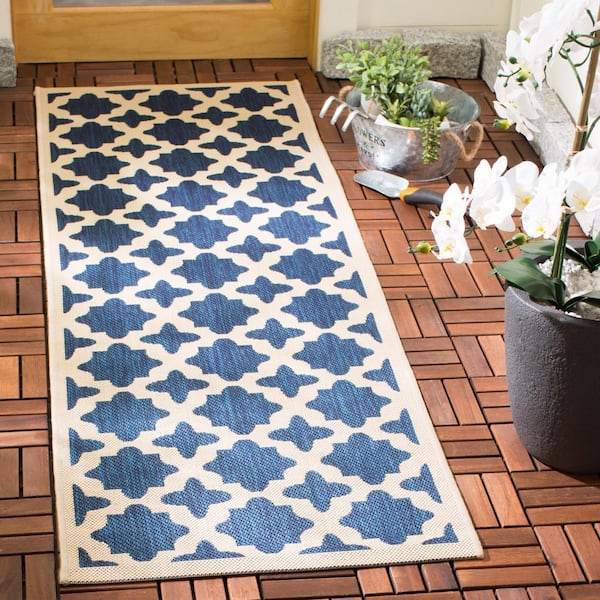 Courtyard Navy/Beige 2 ft. x 10 ft. Geometric Indoor/Outdoor Patio  Runner Rug