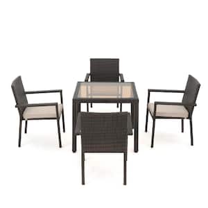 Multi-Brown 5-Piece Plastic Faux Rattan Outdoor Patio Dining Set with Textured Beige Cushion