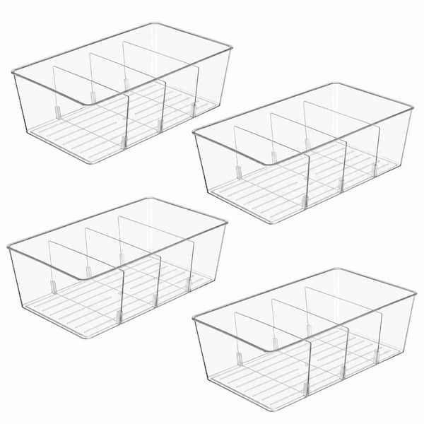 4 Pack Clear Plastic Food Storage Organizer Bins with Removable Dividers for Pantry, Kitchen, Fridge and Cabinet