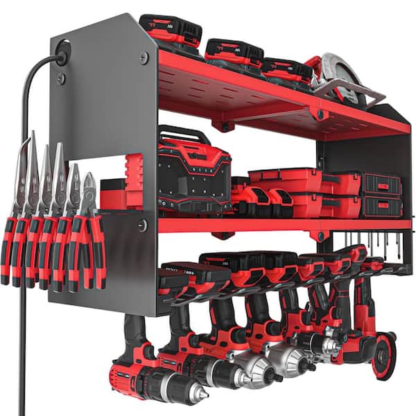 Power Tool Organizer 38 in. Red Steel Surge Protection Heavy Duty Garage Wall Rack with Charging Station and Power Strip