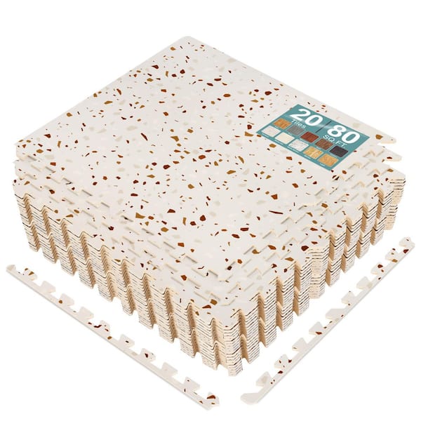 Terrazzo White Residential 24 in. x 24 in. Interlocking Carpet Tile Square 80 sq. ft., Floor Tiles Foam Mat EVA Tile