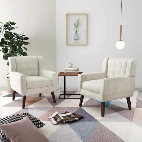 Uixe Mid-Century Modern Button Beige Accent Arm Chair (Set of 2