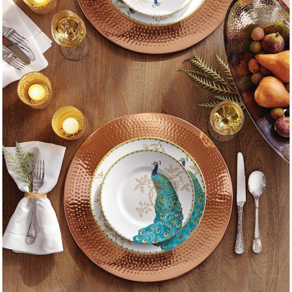 Peacock Garden White Porcelain 16-Piece Dinnerware Set with Gold Accents