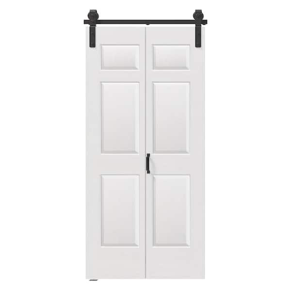 42 in. x 84 in. White Finished, MDF, 6 Panel Bi-Fold Style Sliding Barn Door with Hardware Kit