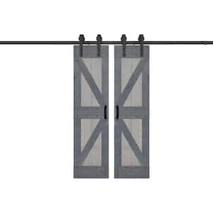 K Series 48 in. x 84 in. French Gray/Dark Gray Finished DIY Solid Wood Double Sliding Barn Door with Hardware Kit