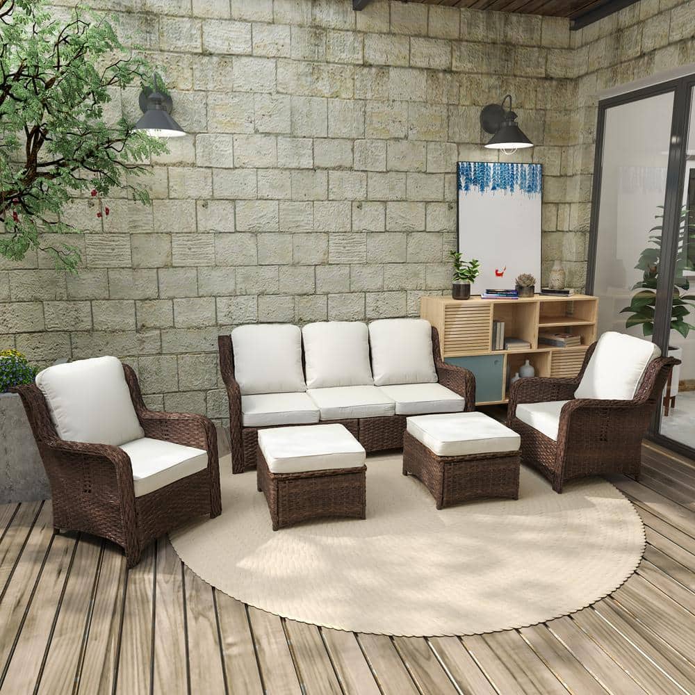 5-Piece Brown Wicker Outdoor Sectional Conversation Sets with White Cushions price history on PriceWatchPro