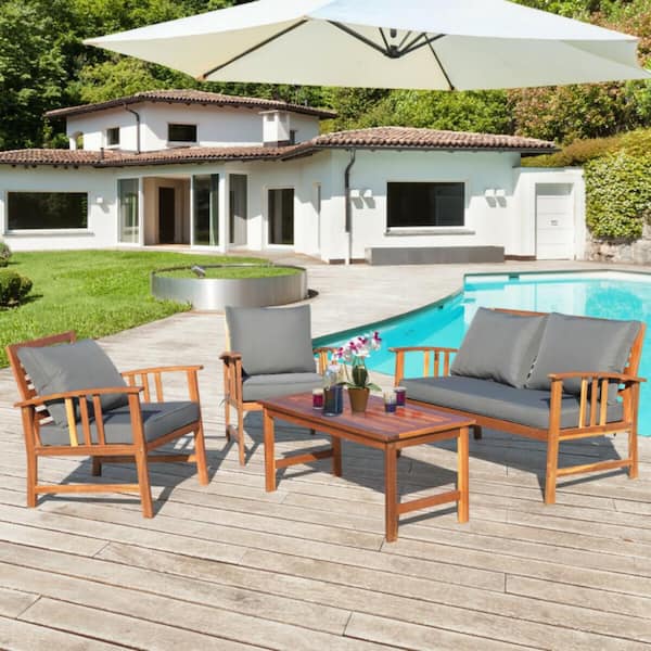 Kadehome 4-Piece Acacia Wood Patio Conversation Set with Gray Cushions