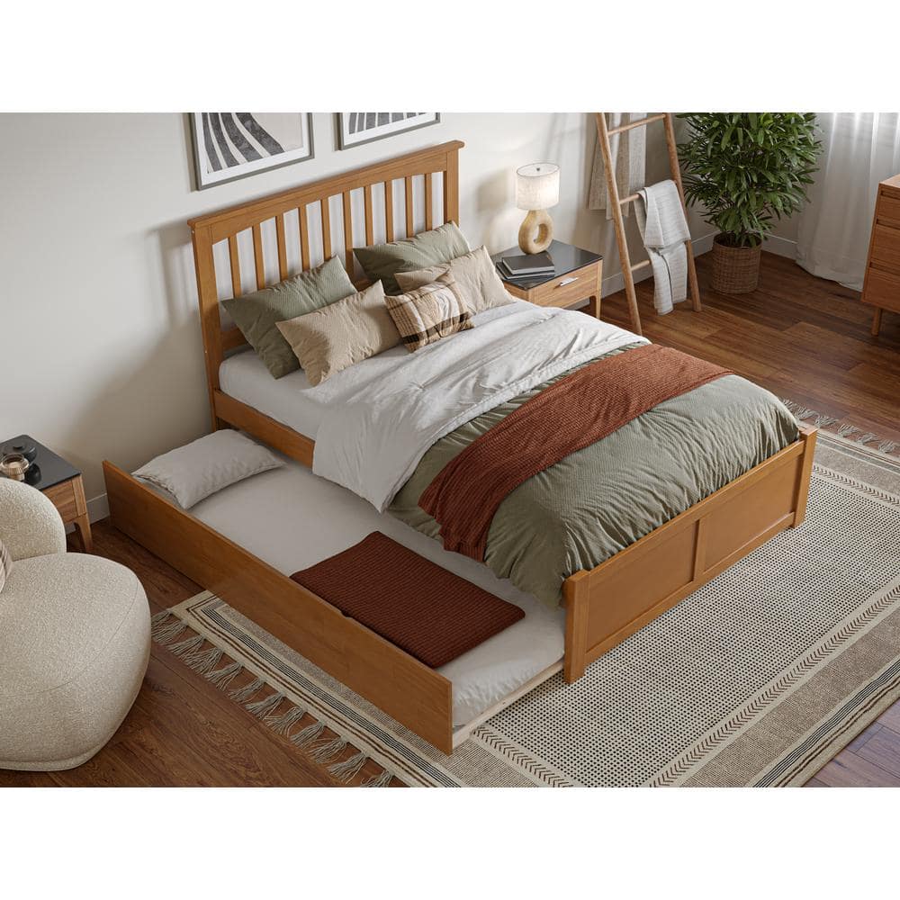 Light Toffee Full Wood Platform Bed with Twin Trundle