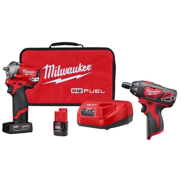 Milwaukee M12 FUEL 12V Lithium-Ion Brushless Cordless Stubby 3/8 in. Impact Wrench Kit with M12 1/4 in. Hex Screwdriver