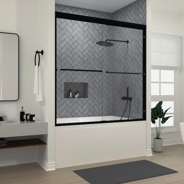niveal Ruhr 60 in. W x 56 in. H Sliding Semi Frameless Tub Door in Matte Black Finish with Clear Glass