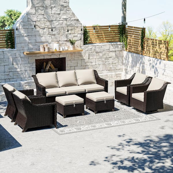 Gardenbee 7-Piece Wicker Outdoor Patio Conversation Sectional Set With Beige Cushions