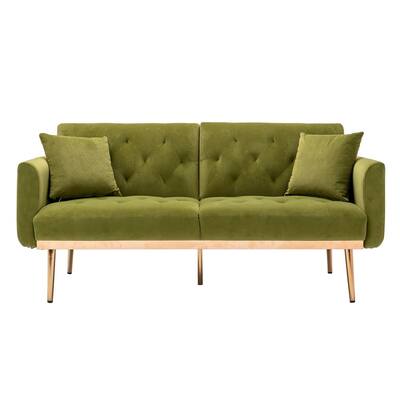 63.77 in Wide Olive Green Velvet Upholstered 2-Seater Convertible Sofa Bed with Golden Metal Legs