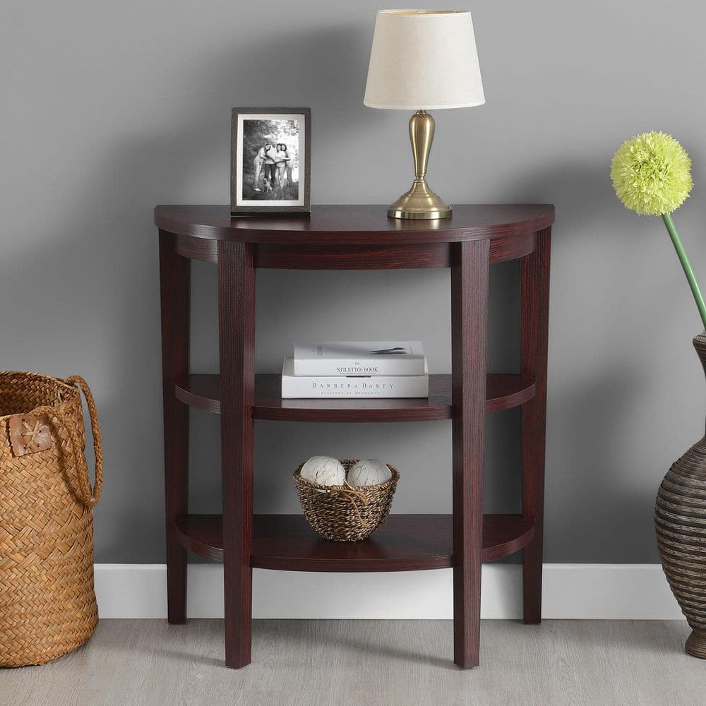 Elegant Mahogany Demilune Console with Dual Storage Shelves